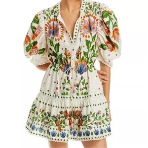 FARM Rio Dresses | Embroidered White Puff Sleeve A-Line Summer Vacation Dress